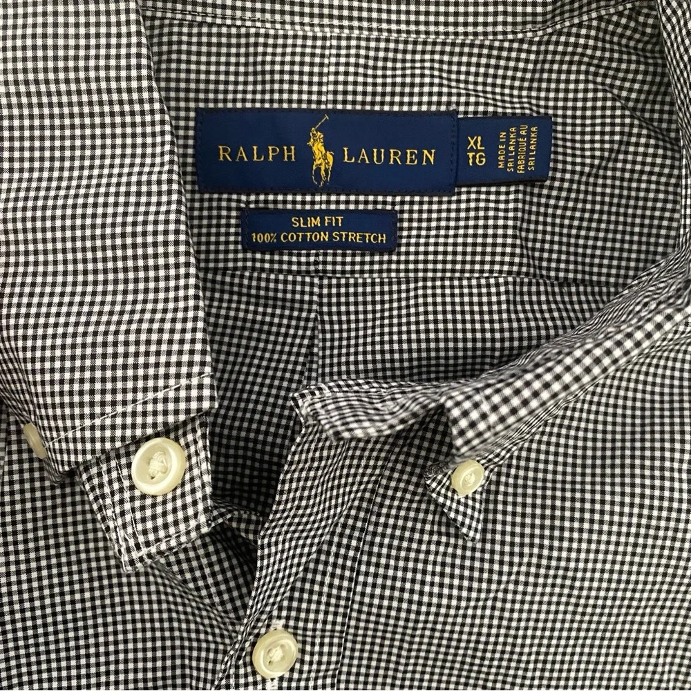 Ralph Lauren Men’s XL Slim Fit Dress Shirt Black White Check‎ Long Sleeve Cotton